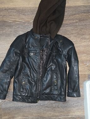 Urban Republic Black Faux Leather Jacket with Brown Hood